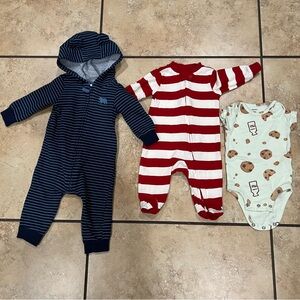 Baby Boy Bodysuits Onesies Red White Striped Blue Bear Hoodie Size 3M - 6M